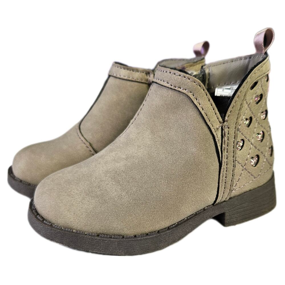 Oshkosh B'Gosh Taupe Faux Suede Sparkle Heart Side Zip Booties Boots (5 Toddler)